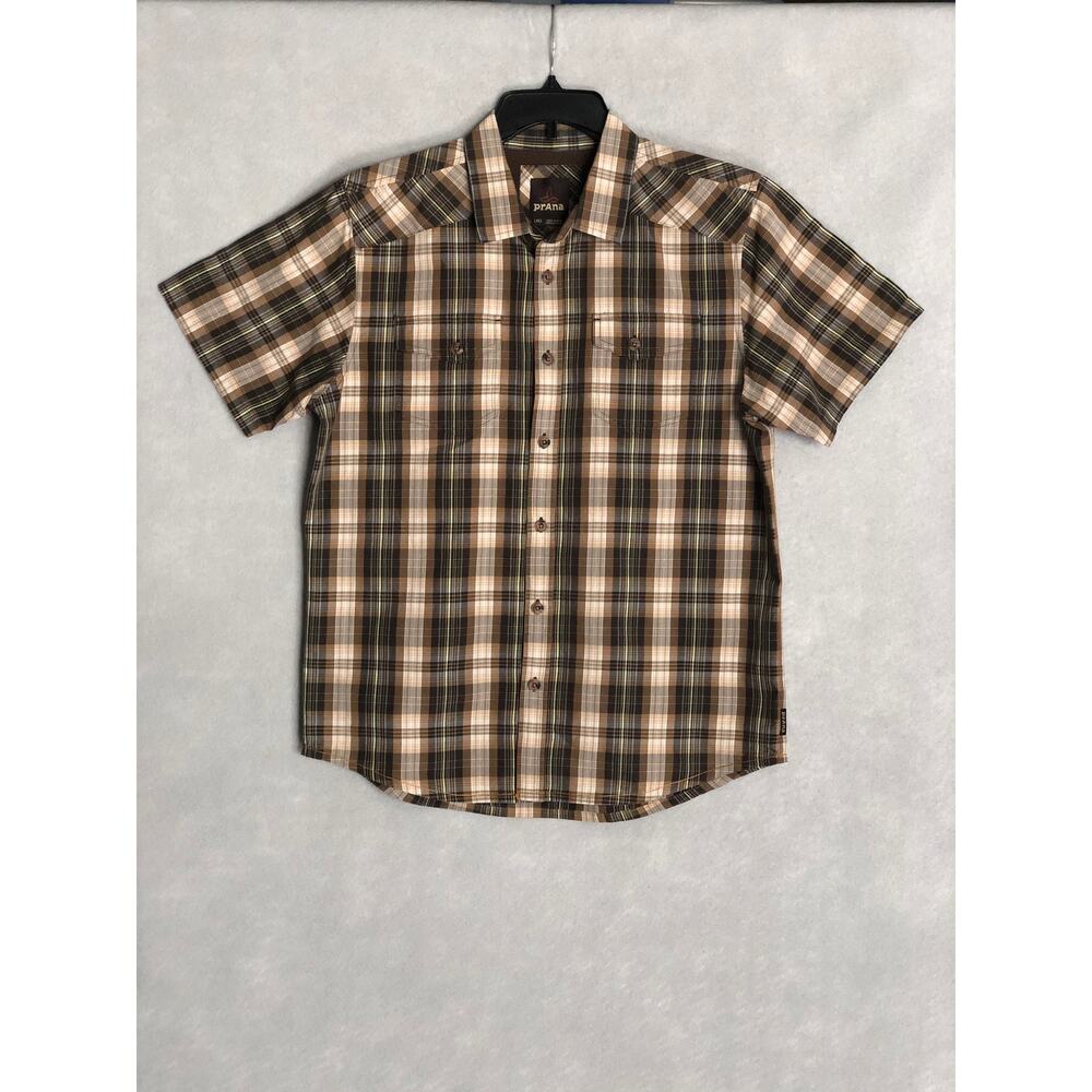 prAna Button-Up Shirt Short Sleeve Plaid Brown Men's Large